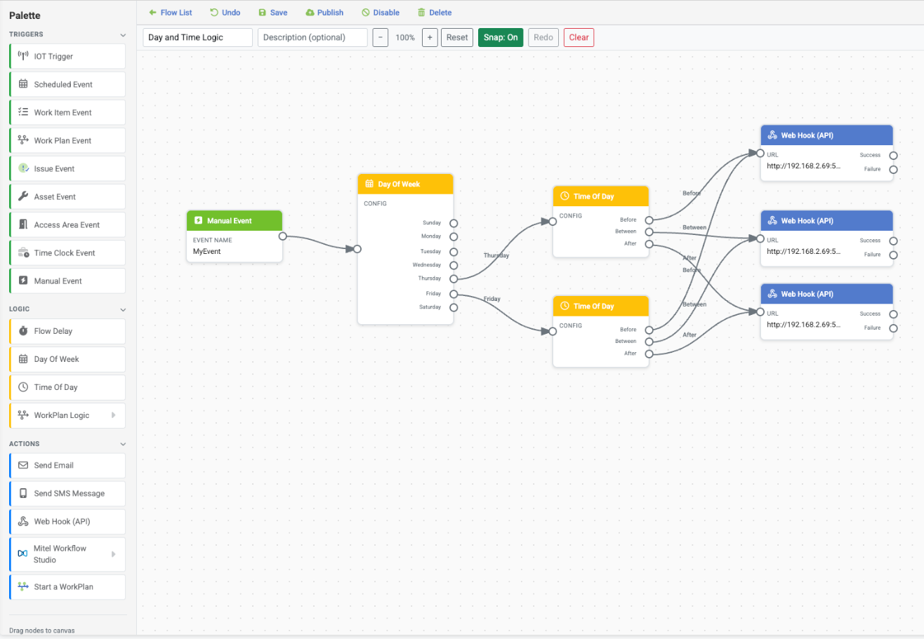 The Command Center Flow editor: a palette of triggers, logic and actions beside a flow that routes an event by day of the week and time of day to three webhooks.